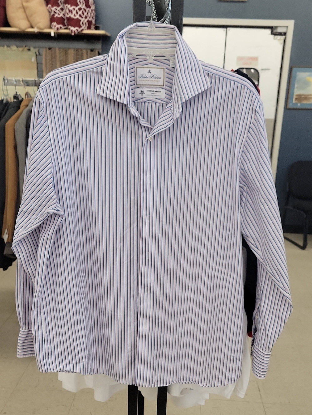 Brooks Brothers White Shirt with Blue Pinstripes - Classic Dress Shirt
